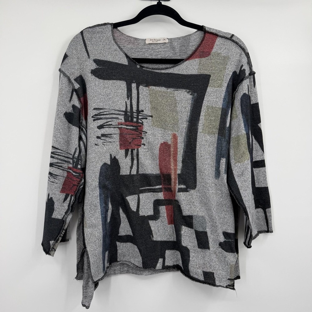 Jess & Jane Tunic Blouse Top Womens XL Gray Round Neck Artsy Abstract Knit